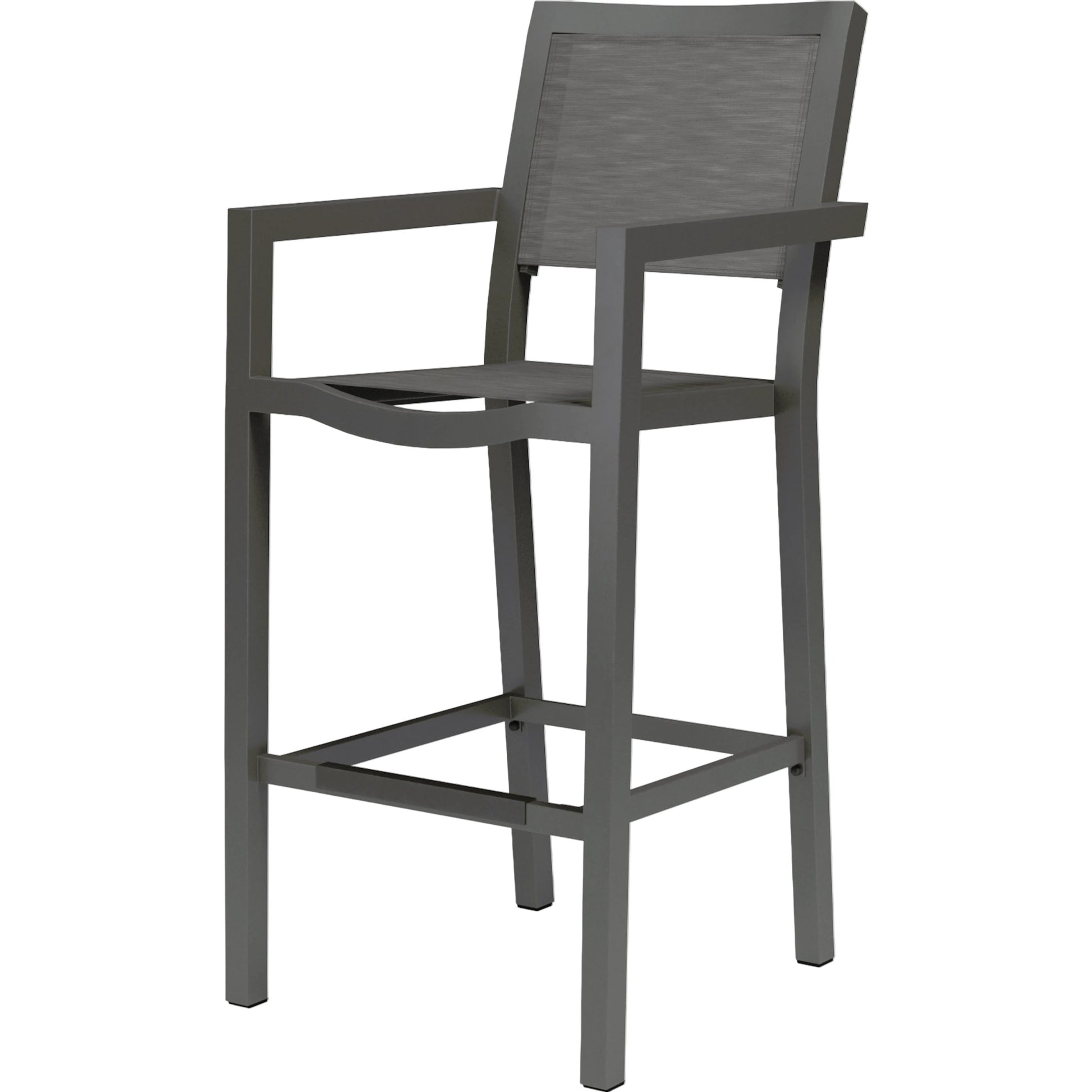 Vegas Outdoor Sling Barstool by Sunset West in graphite. Made from aluminum in a modern style.