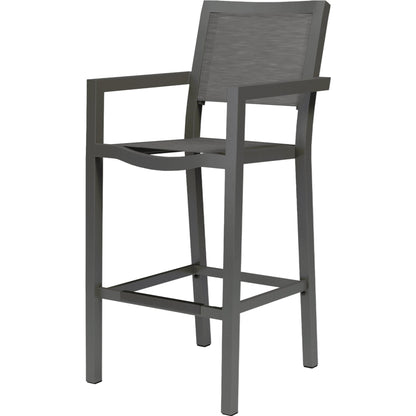 Vegas Outdoor Sling Barstool by Sunset West in graphite. Made from aluminum in a modern style.