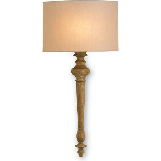 Jargon Wall Sconce by Currey and Company in antiquity gold. Made from wrought iron, wood in a coastal style.