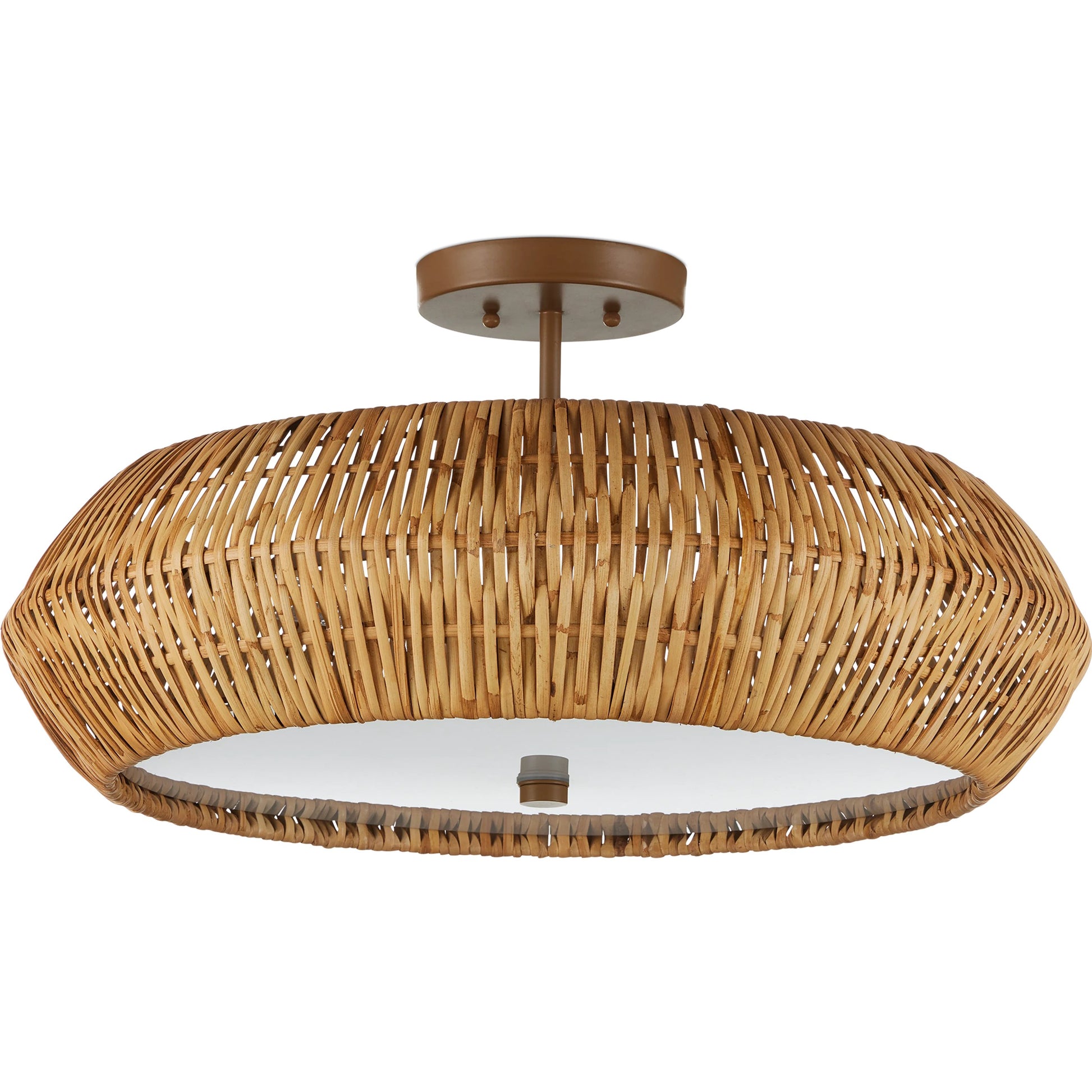 Antibes Semi-Flush Mount by Currey and Company. Made from rattan, wrought iron, acrylic in a rustic style.