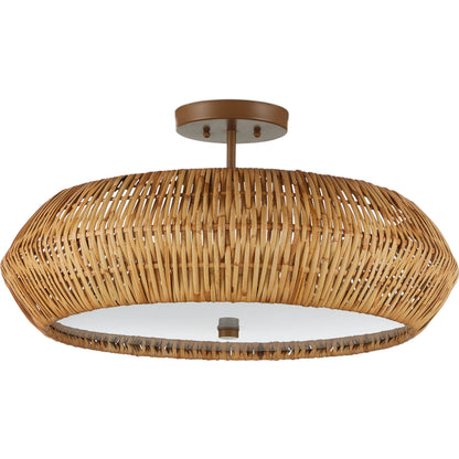 Antibes Semi-Flush Mount by Currey and Company. Made from rattan, wrought iron, acrylic in a rustic style.