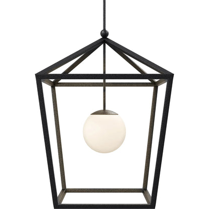 Denison Outdoor Lantern by Currey and Company in black, frosted white. Made from wrought iron, glass in a modern style.