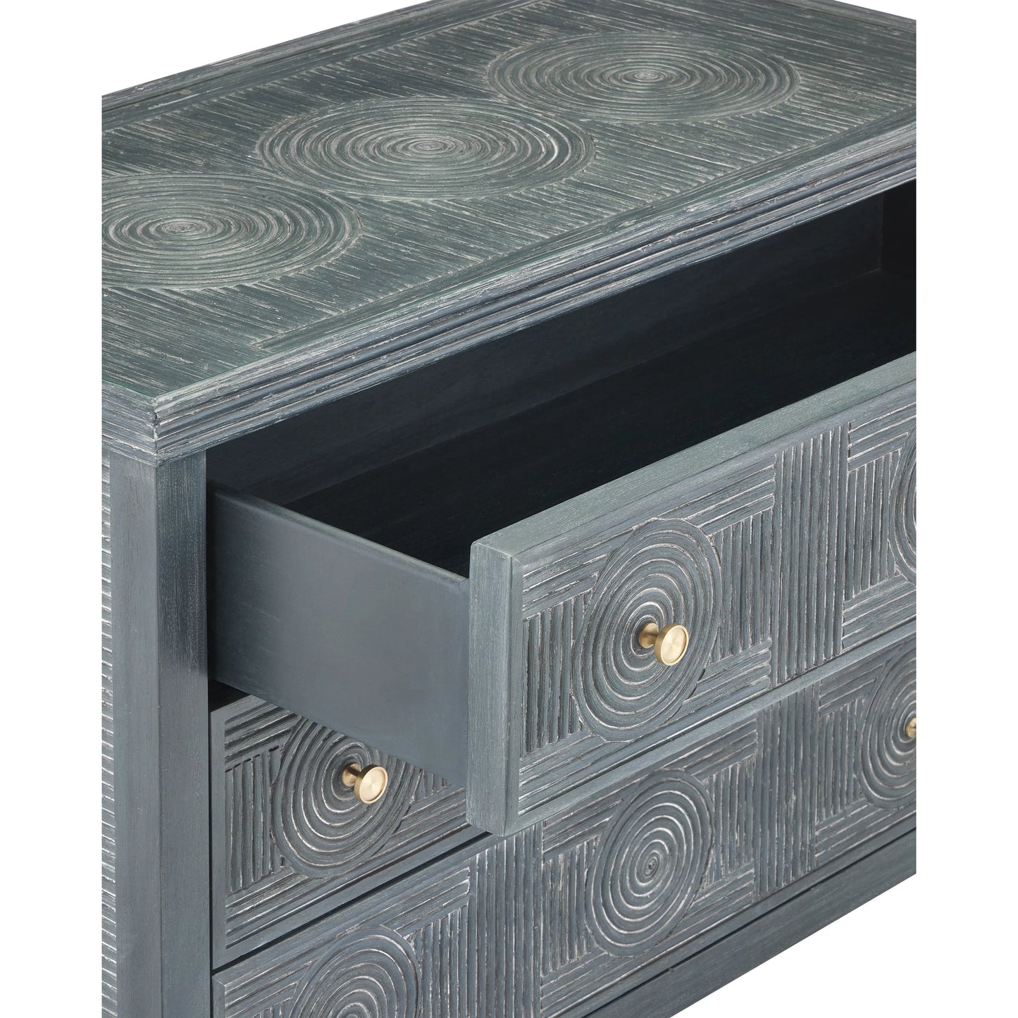 011 SI-2191834 | Closeup | Santos 3-Drawer Chest by Currey and Company. Made from rattan, mahogany, glass, brass in a modern style.
