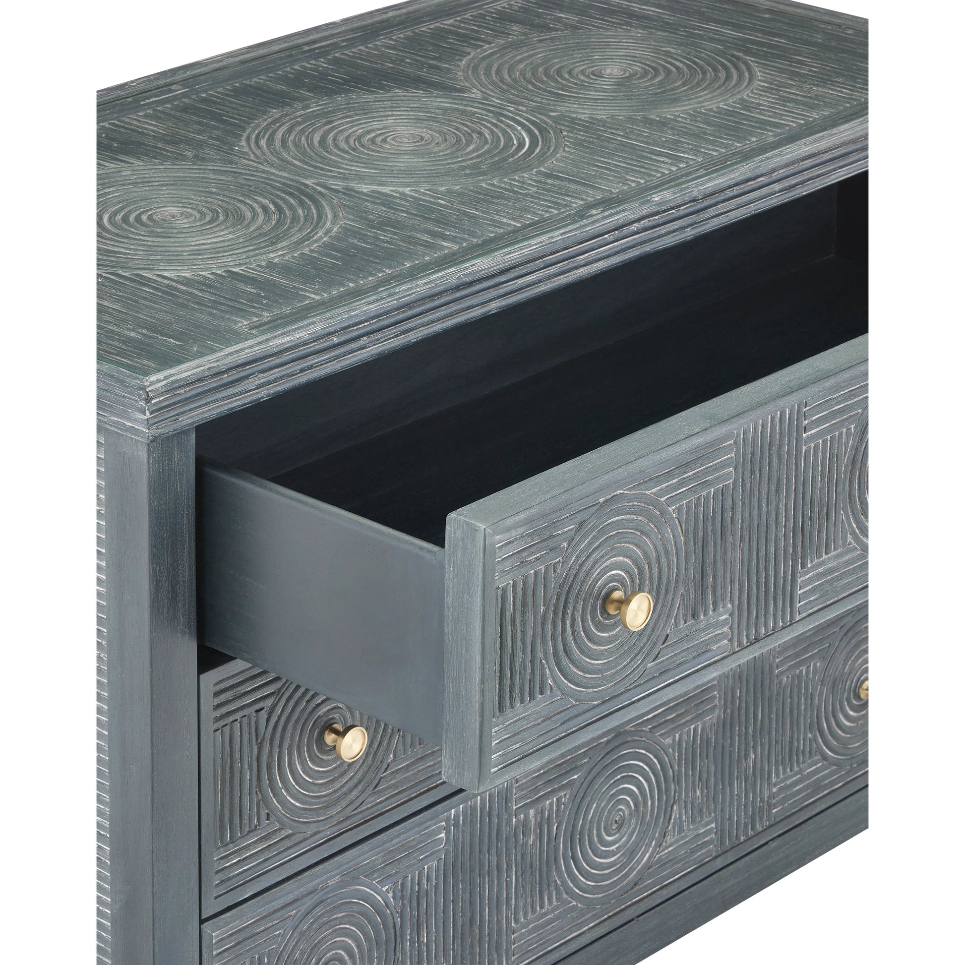 Santos 3-Drawer Chest by Currey and Company. Made from rattan, mahogany, glass, brass in a modern style.