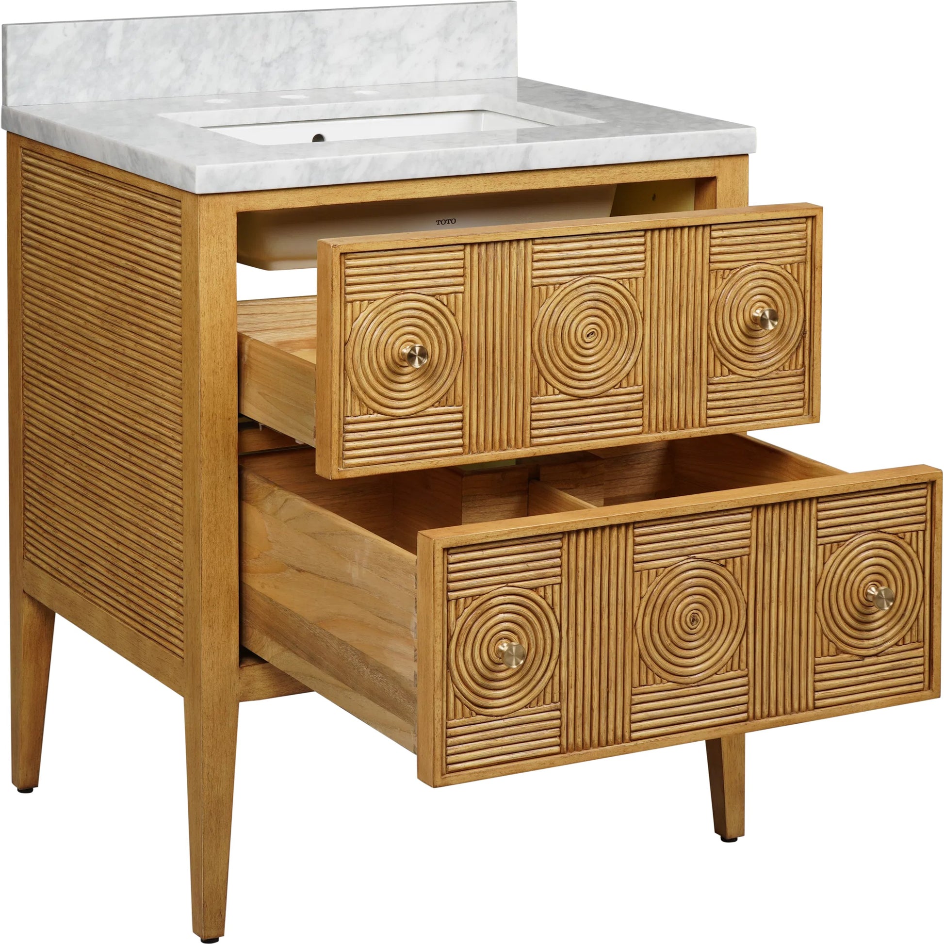 Santos 28" Vanity with Undermount Sink by Currey and Company. Made from rattan, mahogany, carrara marble, vitreous china, sungkai wood, brass in a unique style.