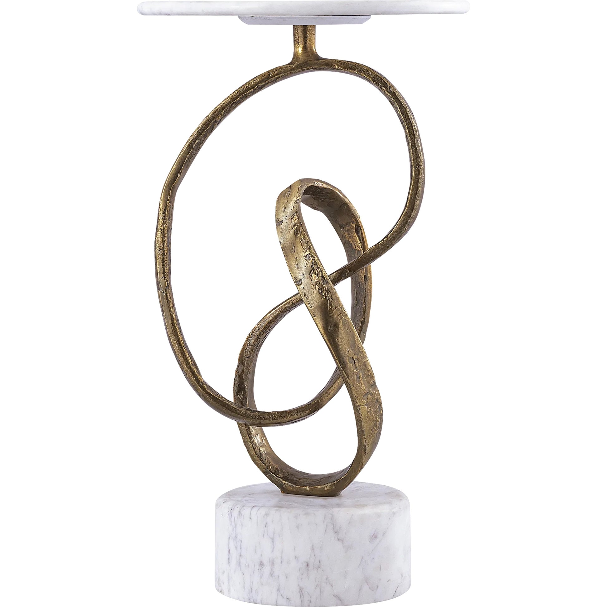 Ruban Accent Table by Currey and Company in antique brass, natural. Made from cast aluminum, marble in a modern style.