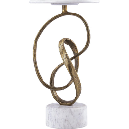 Ruban Accent Table by Currey and Company in antique brass, natural. Made from cast aluminum, marble in a modern style.