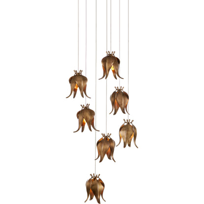 Iota Round 7-LIGHT Multi-Drop Pendant by Currey and Company in antique brass, silver. Made from brass in a modern style.
