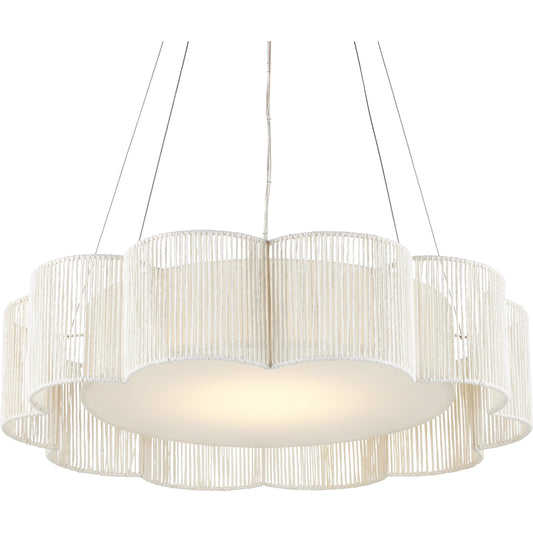 Ancroft Chandelier by Currey and Company in white, contemporary silver leaf. Made from wrought iron, kraft paper twine in a cottage & farmhouse style.
