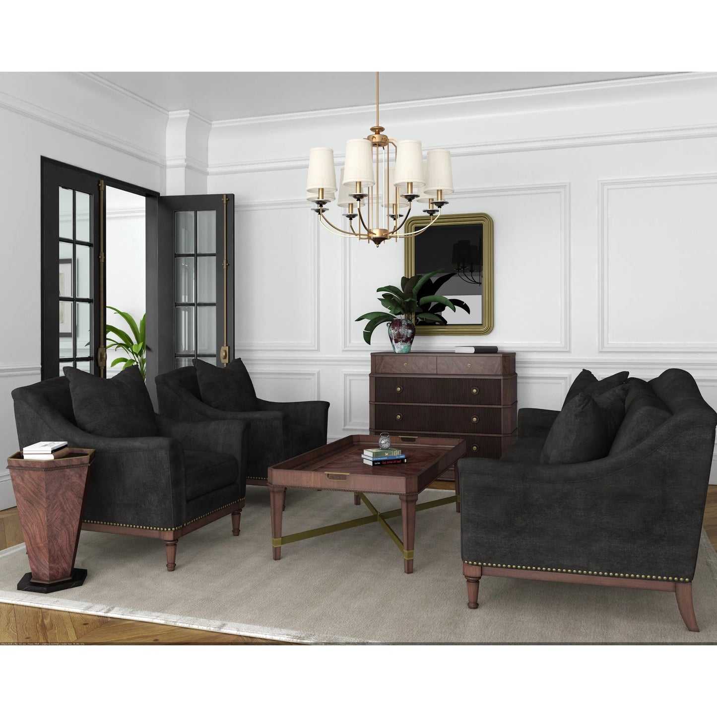 002 SI-2334453 | Lifestyle | Magritte Sofa by A.R.T. Furniture in charcoal and napa mahogany. Made from rubberwood solids, foam, fabric, metal in a traditional style.
