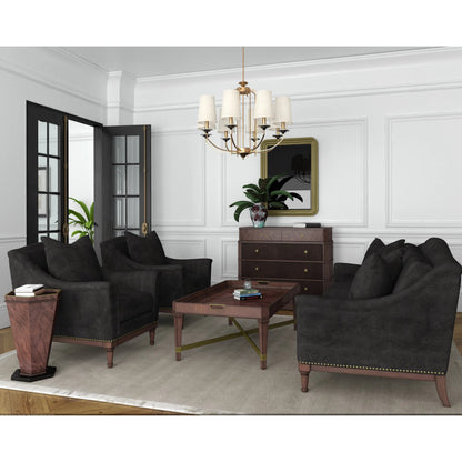 Magritte Sofa by A.R.T. Furniture in charcoal and napa mahogany. Made from rubberwood solids, foam, fabric, metal in a traditional style.