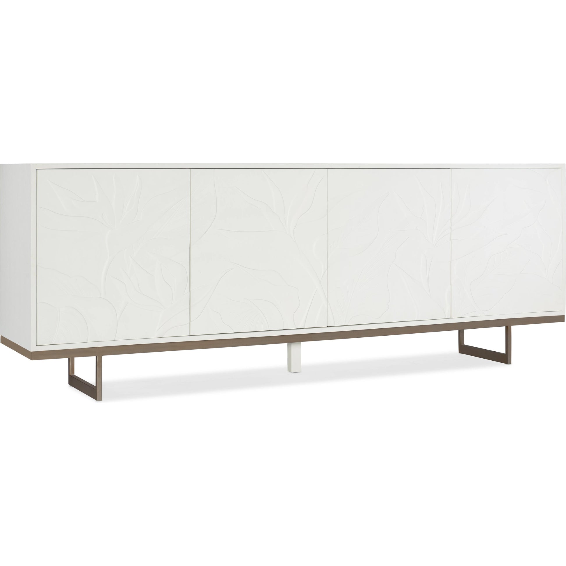 Melange Passerine Four Door Credenza by Hooker Furniture in white. Made from hardwoods with resin, metal in a modern style.
