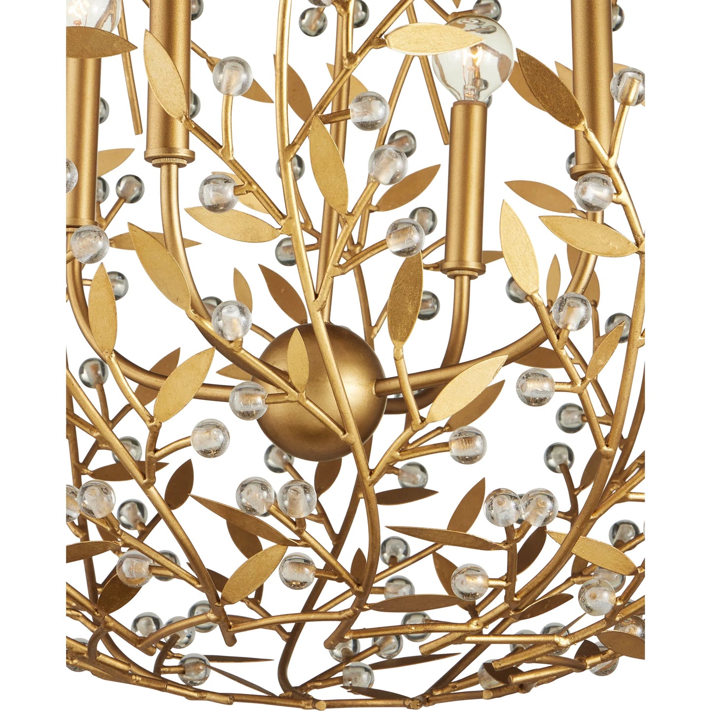 004 SI-2387147 | Closeup | Secret Garden Orb Chandelier by Currey and Company in clear, contemporary gold leaf, contemporary gold. Made from crystal, wrought iron in a modern style.