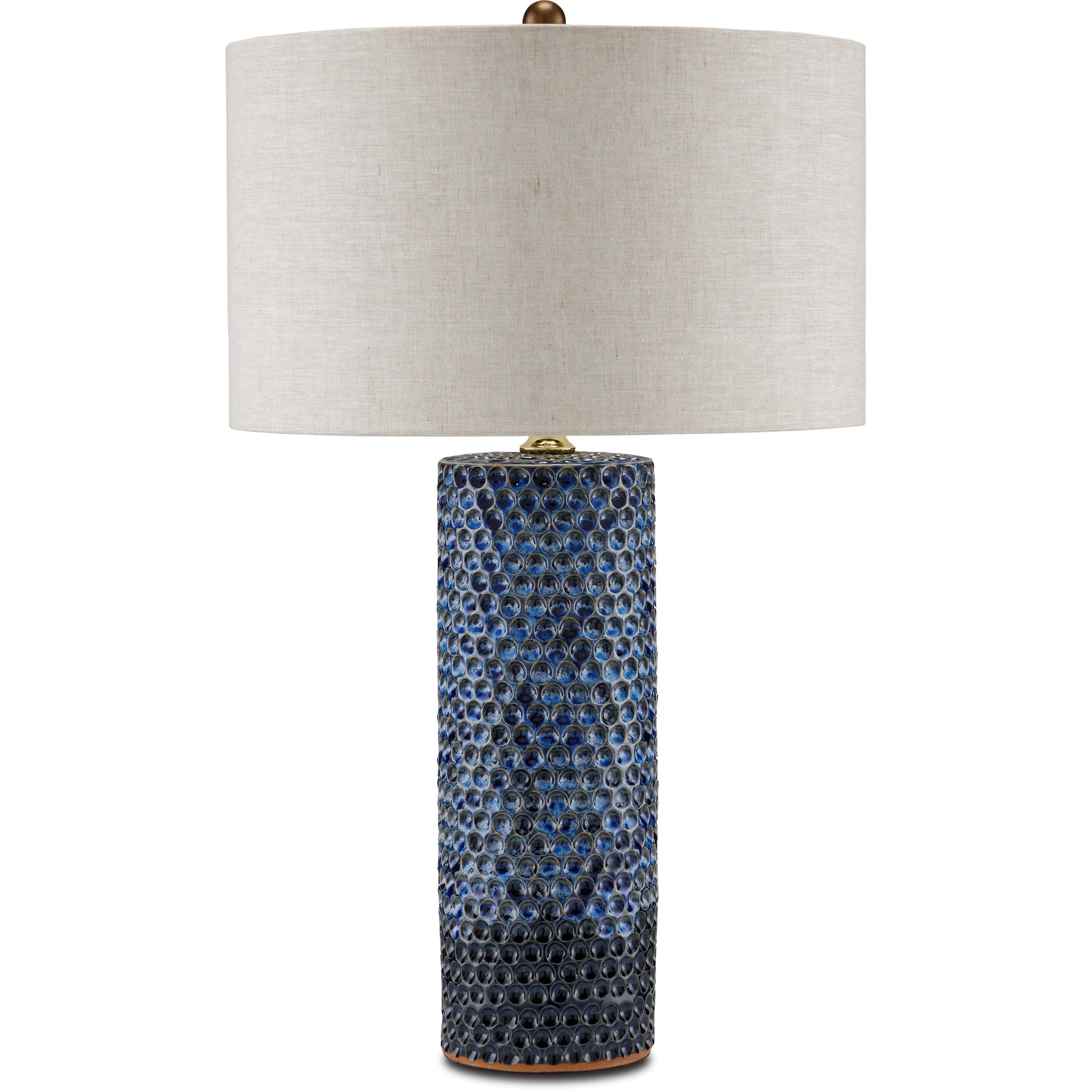 Polka Dot Table Lamp by Currey and Company in reactive blue, polished brass. Made from ceramic in a modern style.