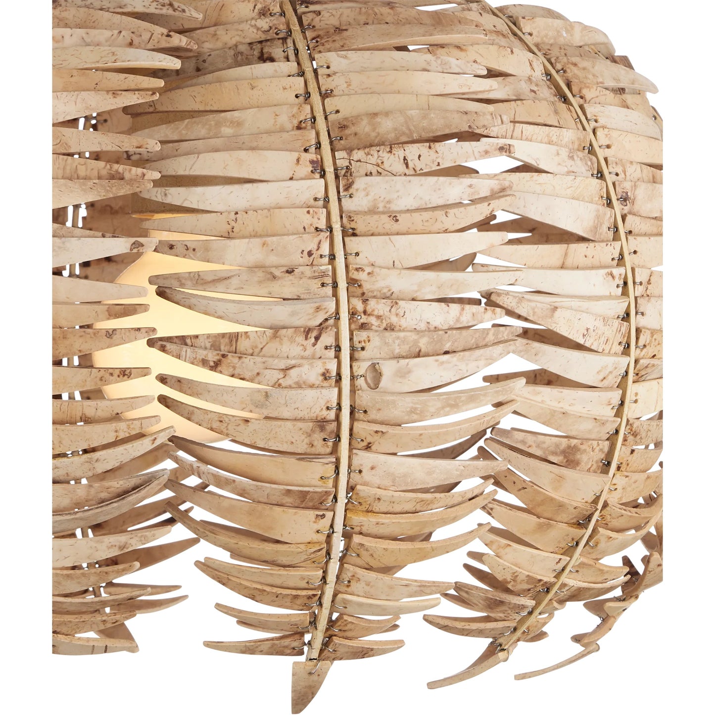 001 SI-2257429 | Closeup | Tiptur Semi-Flush Mount by Currey and Company in natural, coco cream. Made from coco shells, wrought iron in a rustic style.