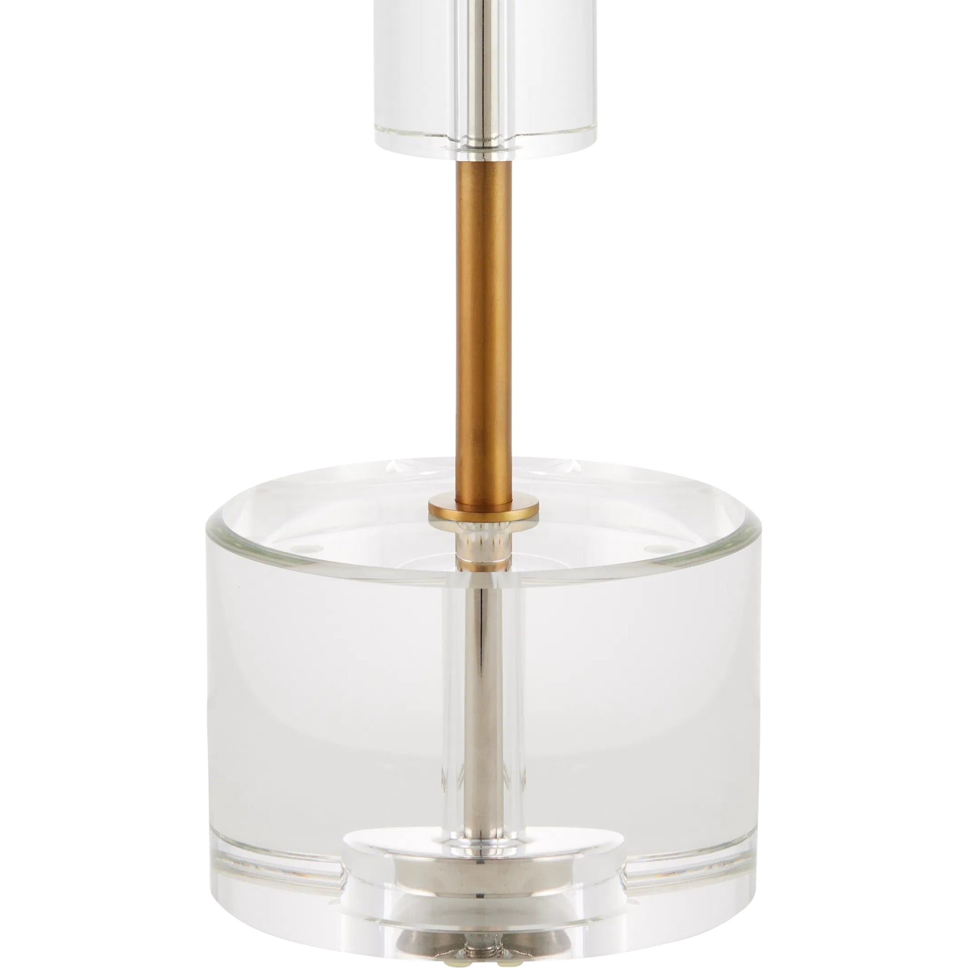 Deville Table Lamp by Currey and Company in clear, antique brass. Made from optic crystal, metal in a modern style.