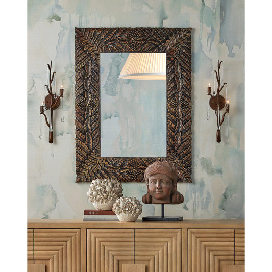 Mathura Head on Stand by Currey and Company in brick red, black. Made from stone, metal in a rustic style.