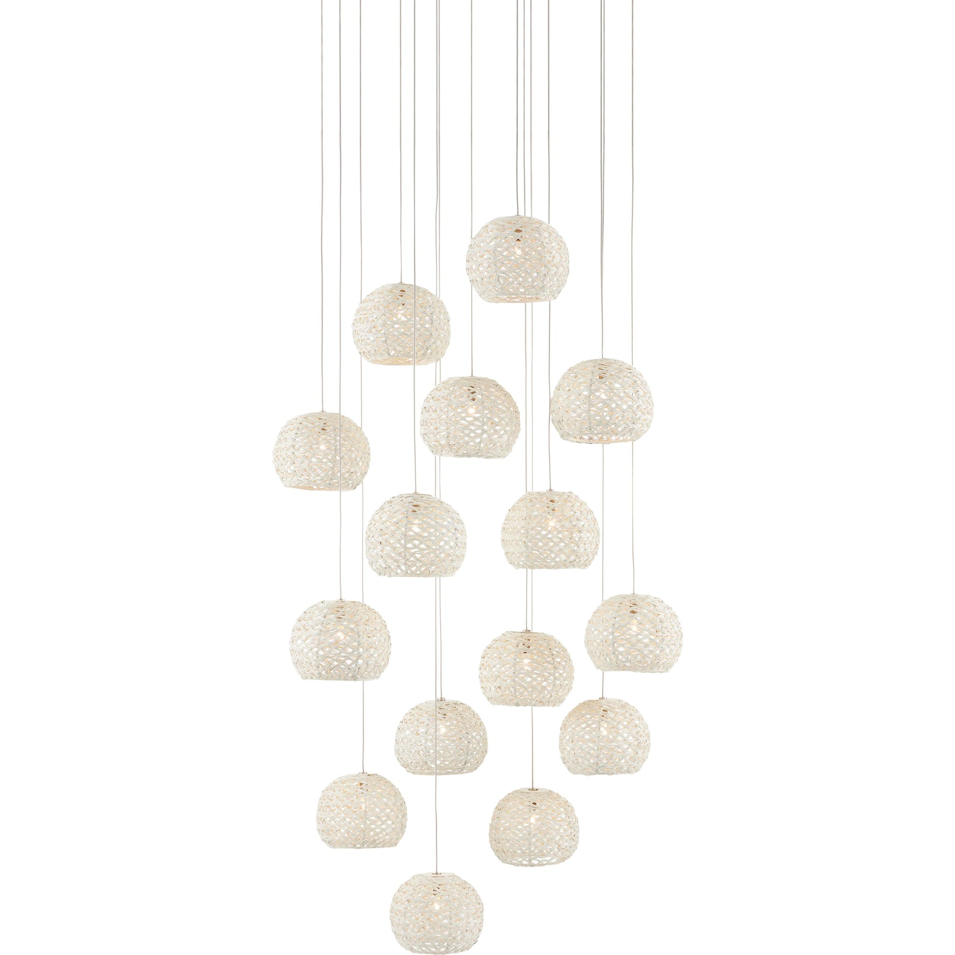 Piero Round 15-LIGHT Multi-Drop Pendant by Currey and Company in white, painted silver. Made from metal in a coastal style.