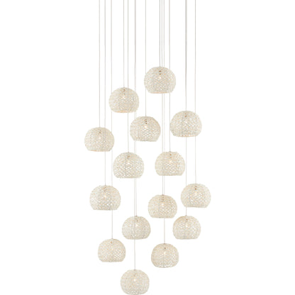 Piero Round 15-LIGHT Multi-Drop Pendant by Currey and Company in white, painted silver. Made from metal in a coastal style.