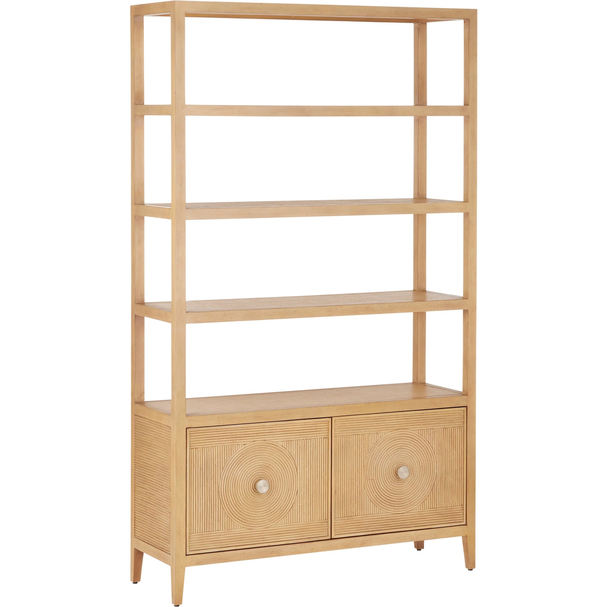 Santos Storage Etagere by Currey and Company in vintage navy, brushed brass. Made from rattan, mahogany, grasscloth, brass in a transitional style.