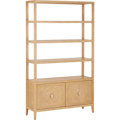 Santos Storage Etagere by Currey and Company in vintage navy, brushed brass. Made from rattan, mahogany, grasscloth, brass in a transitional style.
