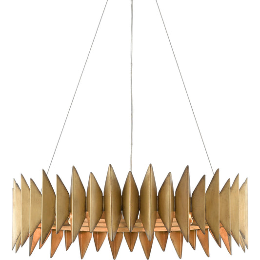 Potter Chandelier by Currey and Company in aurora antique. Made from wrought iron in a modern style.