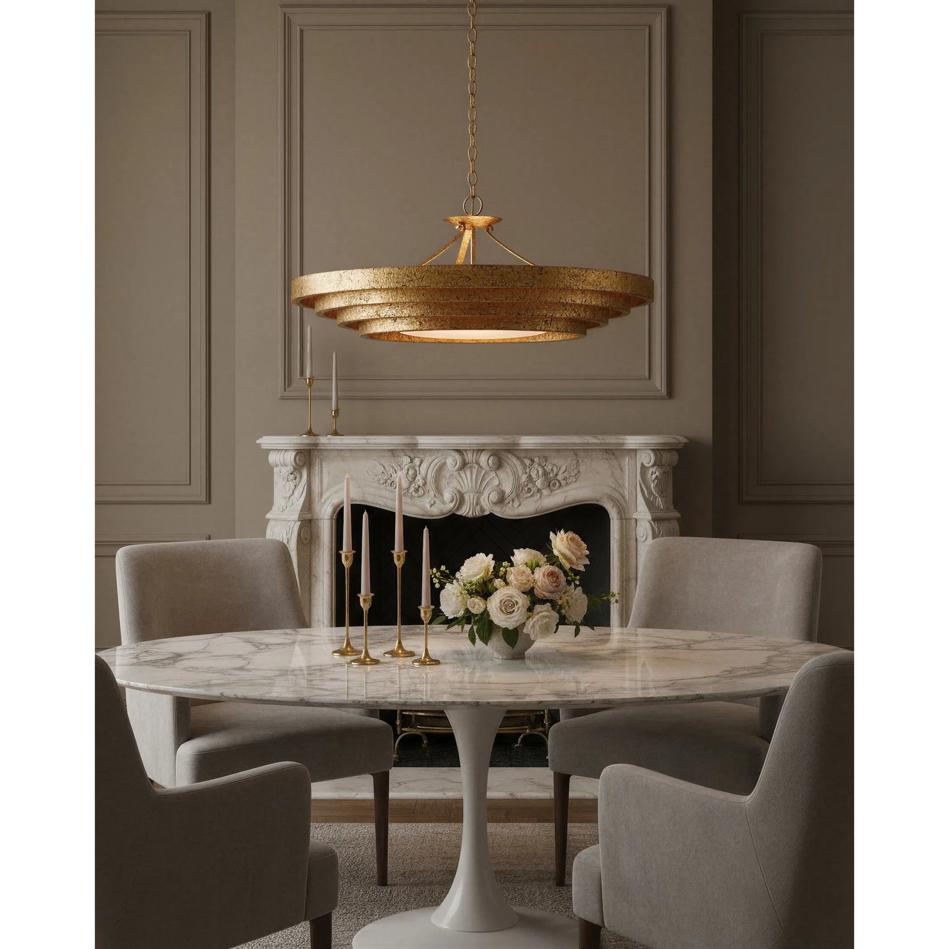Belle Chandelier by Currey and Company in gold leaf, white. Made from wrought iron, glass in a modern style.