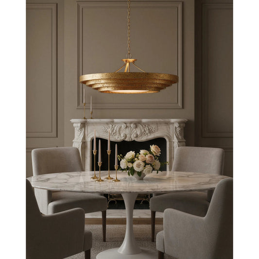 Belle Chandelier by Currey and Company in gold leaf, white. Made from wrought iron, glass in a modern style.