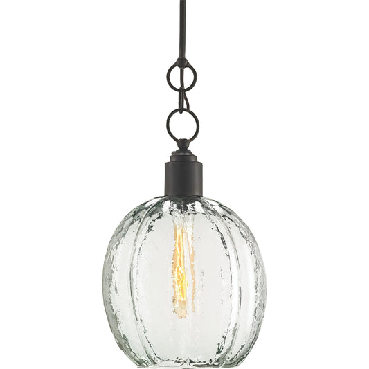 Aquaterra Pendant by Currey and Company in old iron. Made from wrought iron, glass in a transitional style.