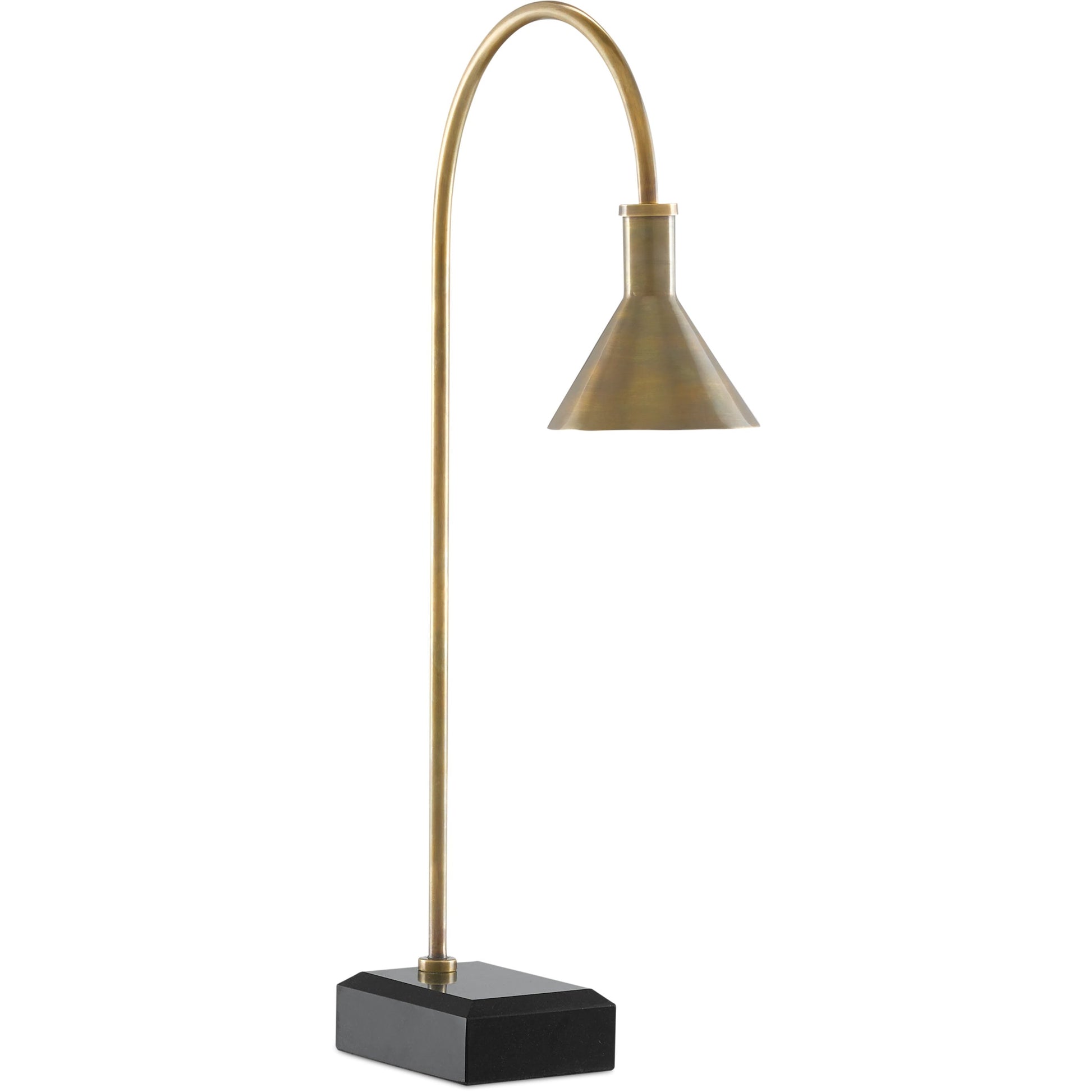 Thayer Desk Lamp by Currey and Company in vintage brass, black. Made from brass, granite in a modern style.