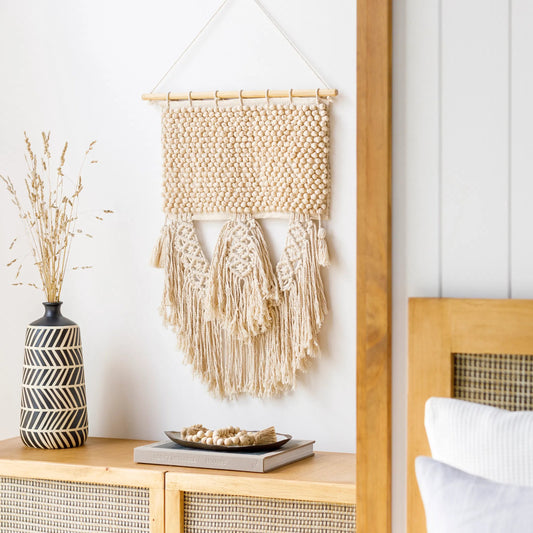Dali Wall Hanging - 25690 by Surya in light beige. Made from 70% cotton, 30% polyester, 100% wood in a eclectic & global style.