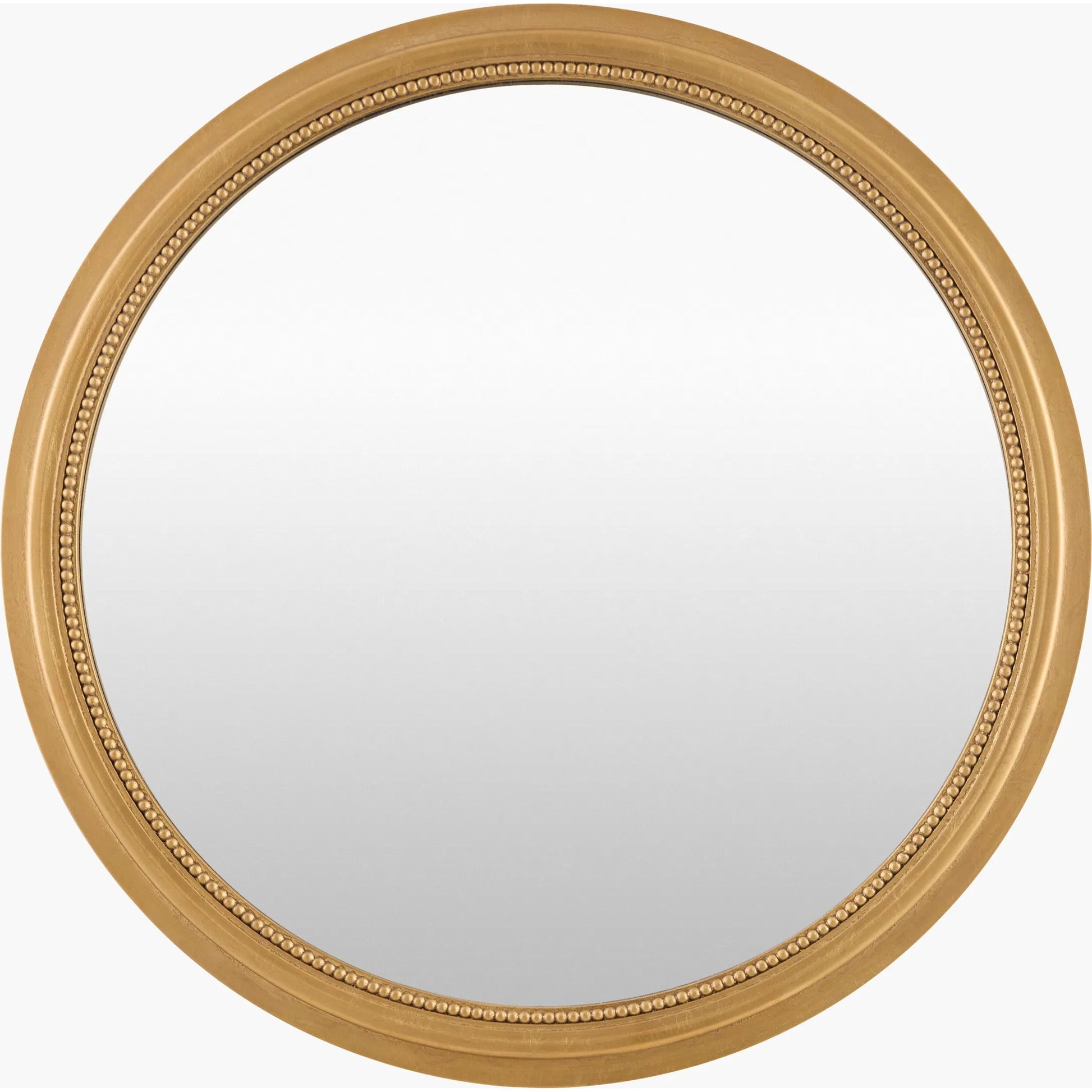 Damian Round Accent Mirror by Surya in gold. Made from manufactured wood in a transitional style.