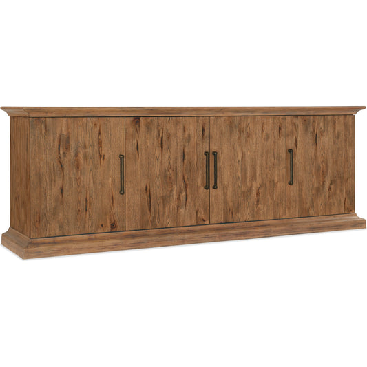 Big Sky Media Console by Hooker Furniture in vintage natural. Made from pecky hickory veneers, solid-wood edged top in a modern style.