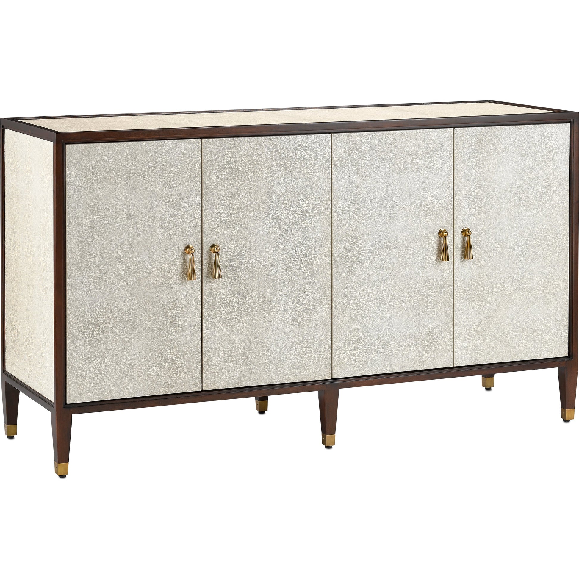 Evie Credenza by Currey and Company in ivory, dark walnut, brass. Made from faux shagreen, mahogany, cast brass in a transitional style.