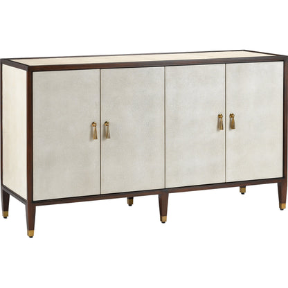 Evie Credenza by Currey and Company in ivory, dark walnut, brass. Made from faux shagreen, mahogany, cast brass in a transitional style.