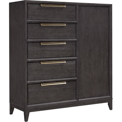 Quincy 5-Drawer Door Chest by Pulaski Furniture in molasses. Made from ash wood veneers in a transitional style.