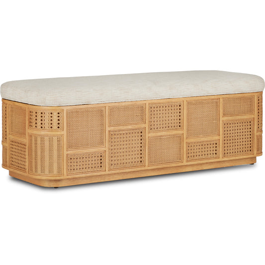 Anisa Parchment Storage Bench by Currey and Company. Made from oak, rattan weave in a cottage & farmhouse style.