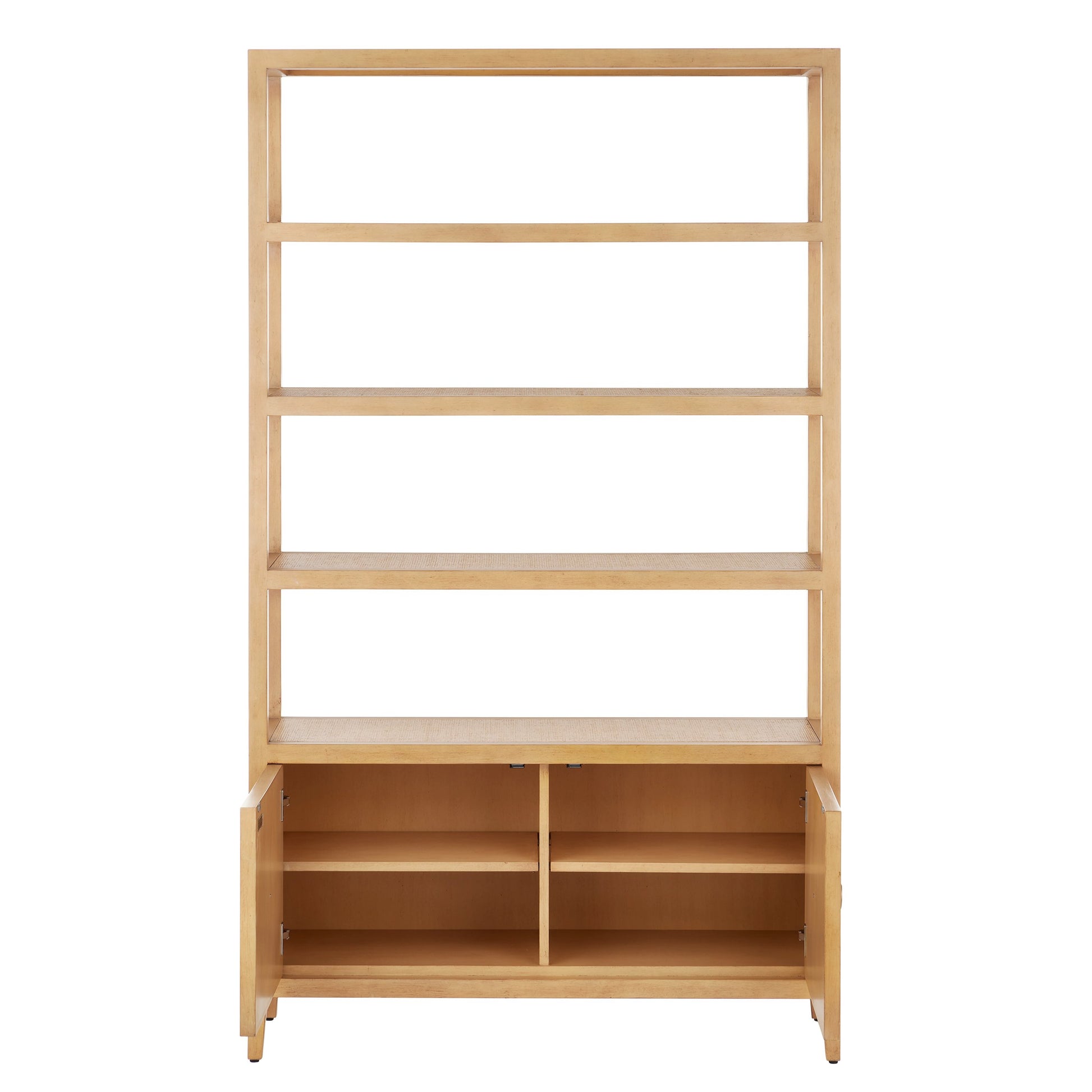 Santos Storage Etagere by Currey and Company in vintage navy, brushed brass. Made from rattan, mahogany, grasscloth, brass in a transitional style.