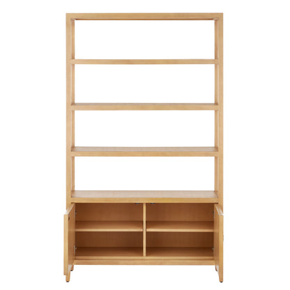 Santos Storage Etagere by Currey and Company in vintage navy, brushed brass. Made from rattan, mahogany, grasscloth, brass in a transitional style.