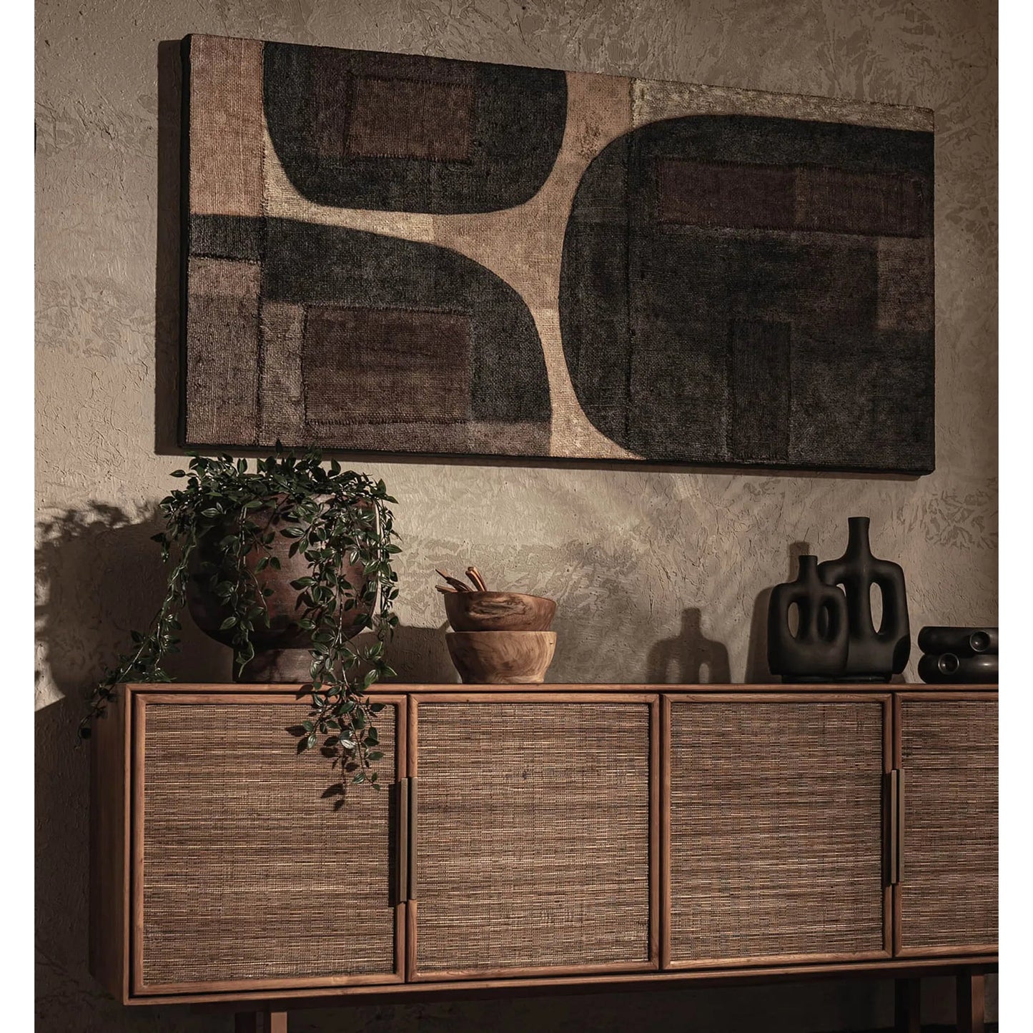 002 SI-2533494 | Lifestyle | D-Bodhi Artwork by LH Imports in brown. Made from reclaimed wood, rice bags, reused jute fabri in a unique style.