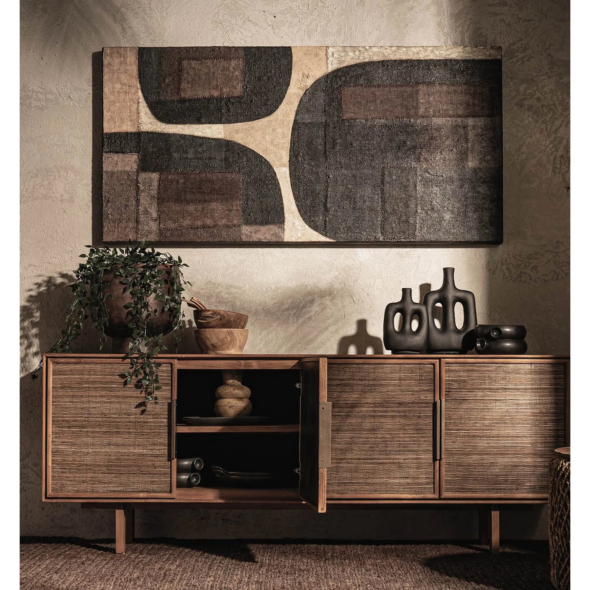 D-Bodhi Artwork by LH Imports in brown. Made from reclaimed wood, rice bags, reused jute fabri in a unique style.