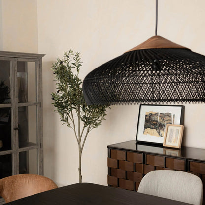 D-Bodhi Banjo Pendant by LH Imports in natural and natural, gold. Made from reclaimed teak wood, natural rattan, iron in a cottage & farmhouse style.