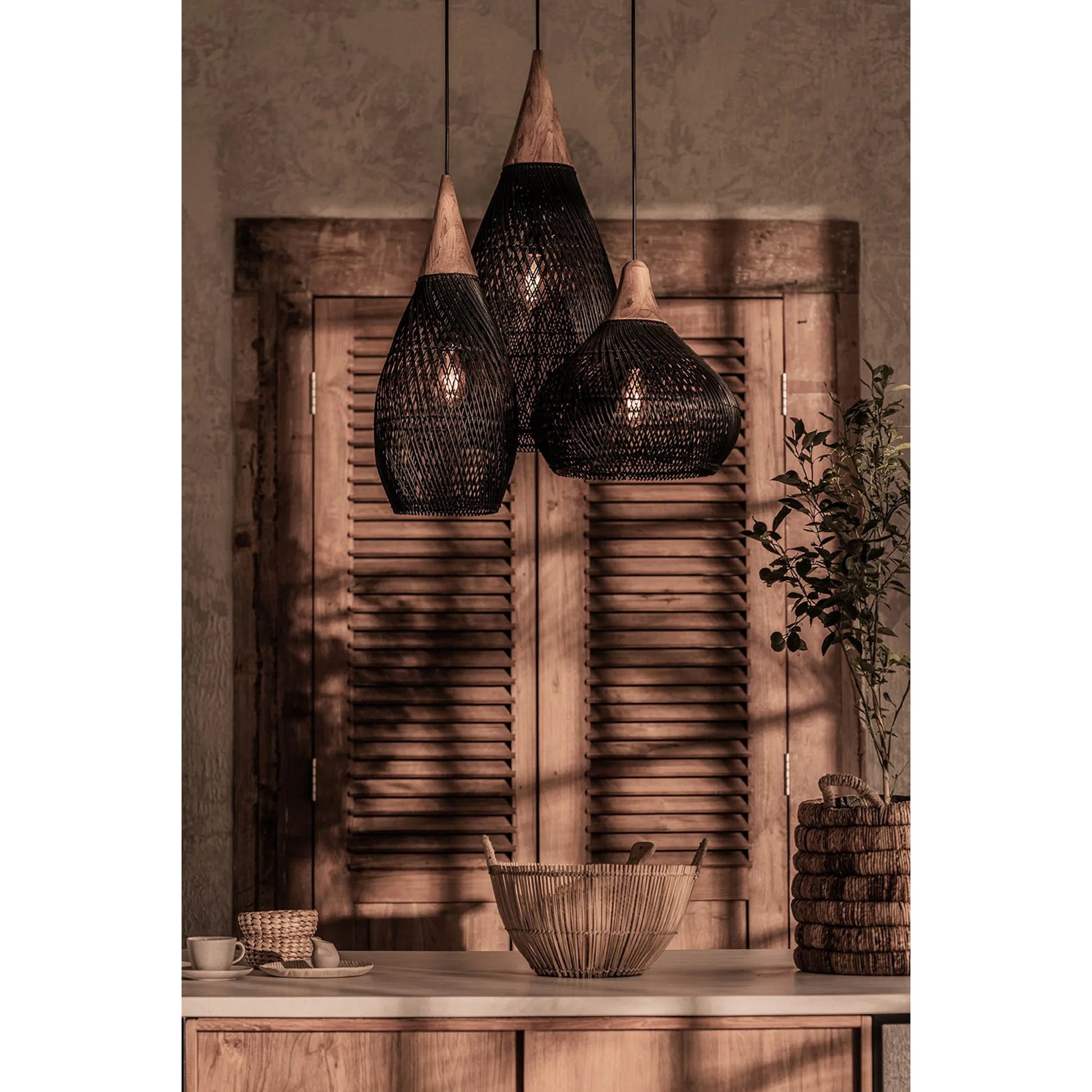 D-Bodhi Horn Pendant by LH Imports. Made from reclaimed teak wood, natural rattan, iron in a cottage & farmhouse style.