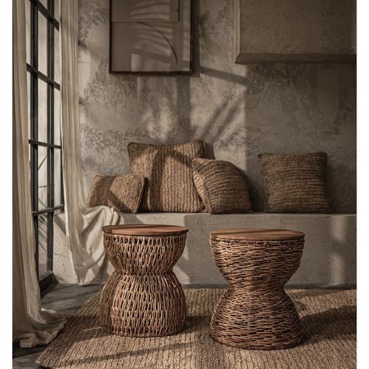 D-Bodhi Rebana Stool by LH Imports in alto. Made from reclaimed teak, iron, abaca in a cottage & farmhouse style.