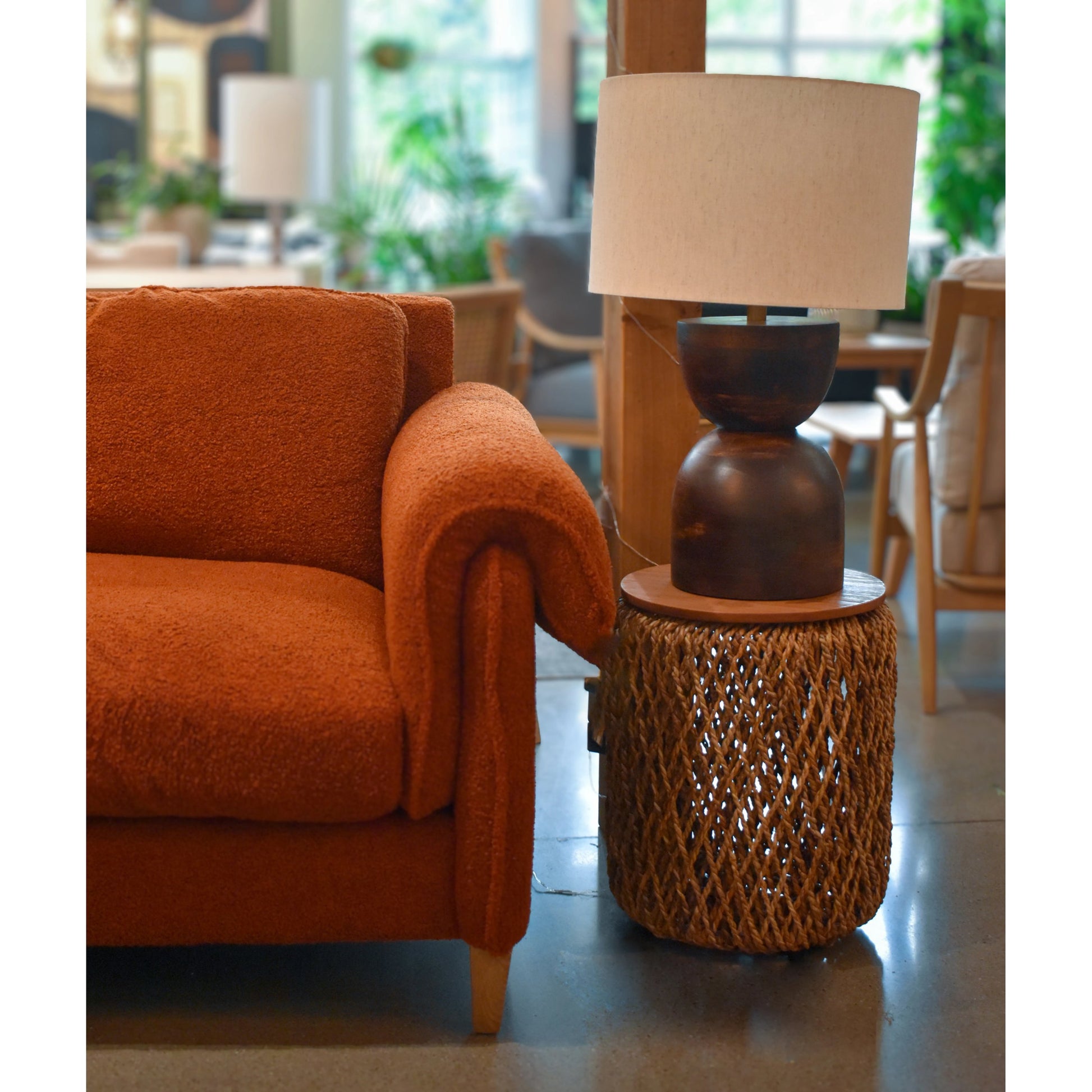 D-Bodhi Knut Side Table by LH Imports. Made from reclaimed teak, handwoven abaca, reclaimed iron in a cottage & farmhouse style.