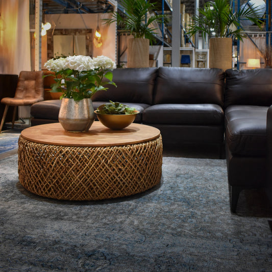 D-Bodhi Knut Coffee Table by LH Imports in bodhi knut coffee table. Made from reclaimed teak, handwoven abaca, reclaimed iron in a rustic style.