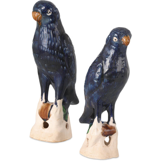 Tang Dynasty Parrots Set by Currey and Company in antique blue, off-white. Made from terracotta in a unique style.