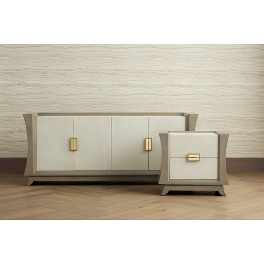 Koji Credenza by Currey and Company in oyster gray, cream, brushed polished brass. Made from beech wood, faux shagreen, brass in a coastal style.