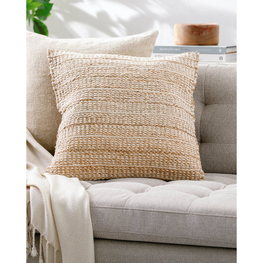 Dhanbad Pillow - 479621 by Surya in pearl, natural, khaki, camel. Made from front: 80% jute, 20% cotton, back: 100% jute in a modern style.