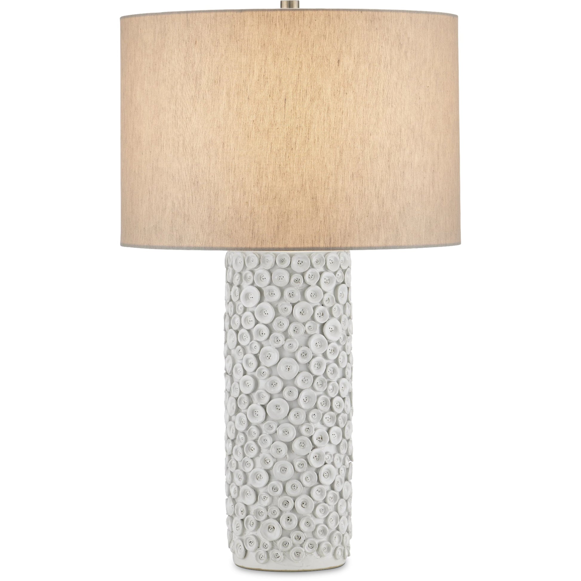 Buttons Table Lamp by Currey and Company in white. Made from ceramic, metal in a modern style.